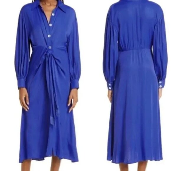 Farm Rio Cobalt Blue Knotted Waist Long Sleeve Midi Dress Size Medium - Picture 8 of 8
